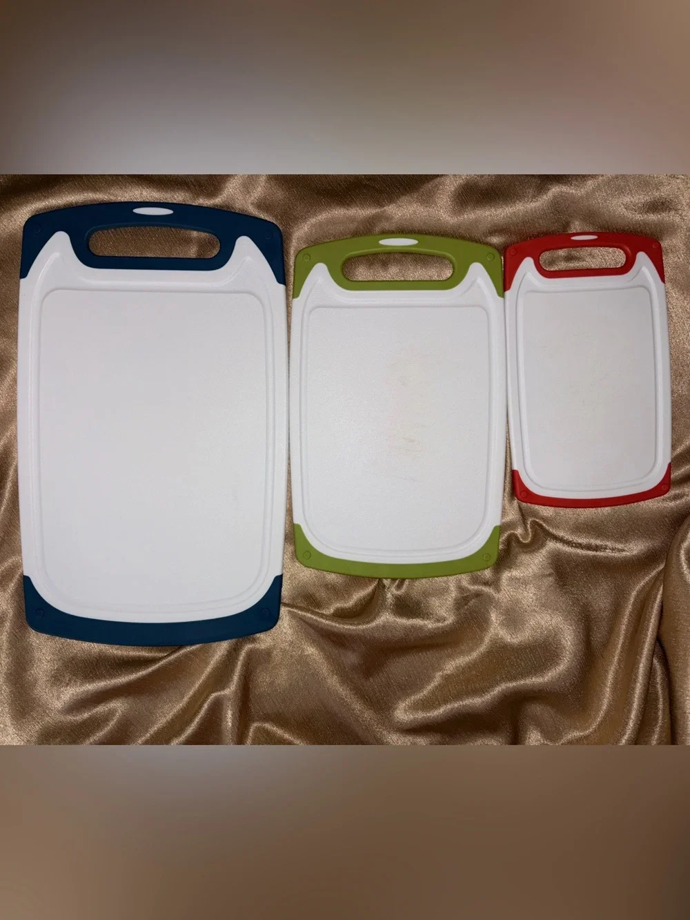 Set of 3 White Plastic Cutting Boards with Red, Green, and Navy Handles